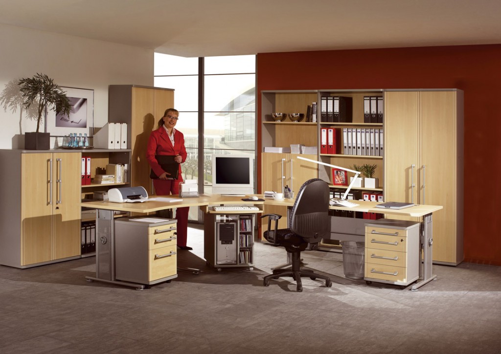 Pro Büromöbel-Set komplett 11-tlg. in Ahorn / silber Arbeitszimmer