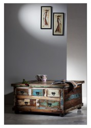 Couchtischtruhe Couchtisch 90 x 90 cm recycling massiv Holz bunt 5 Schubkästen Couchtischtruhe Couchtisch 90 x 90 cm recycling massiv Holz bunt 5 Schubkästen