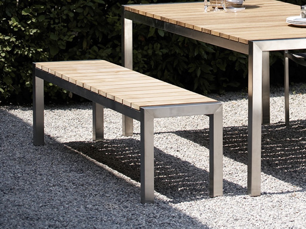 Jan Kurtz Luxury Bank / Sitzbank in Edelstahl / Teak 165 x 46 x 40